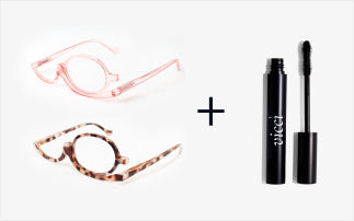 Two pairs of glasses and a tube of mascara with a plus sign between them.