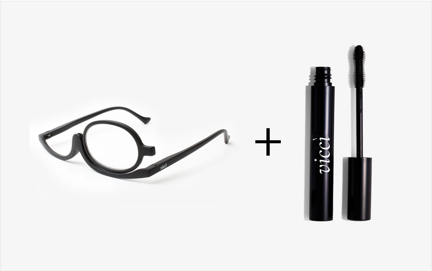 Black glasses and a mascara with black text on a white background.